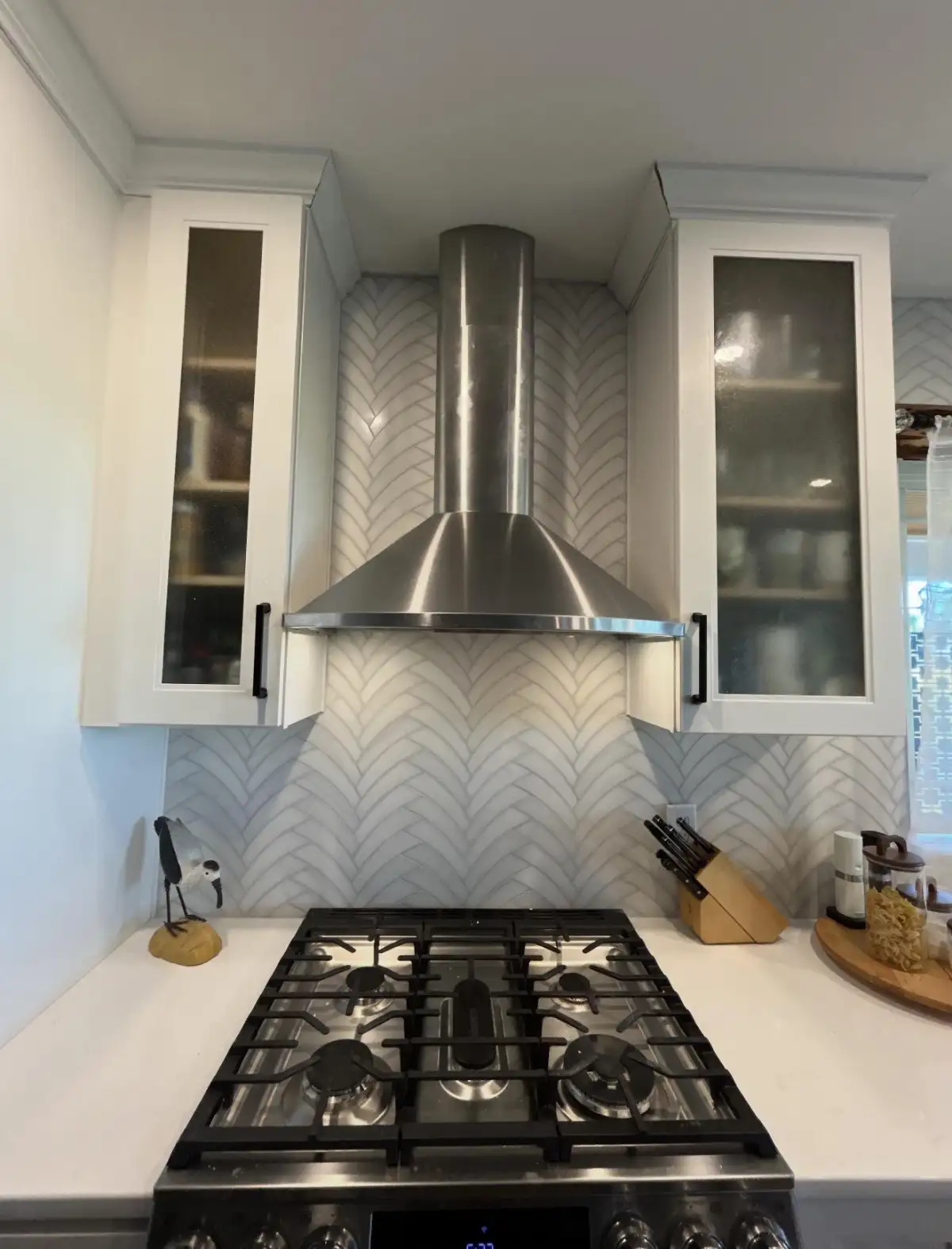 Kitchen backsplash tile installation with subway pattern in Fort Worth home